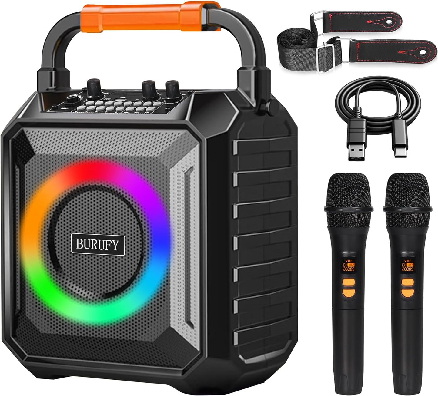 Burufy Bluetooth Karaoke Machine for Adults and Kids with 2 Wireless Microphone / PA System,Portable Singing Machine TWS Speaker System for Party Birthday