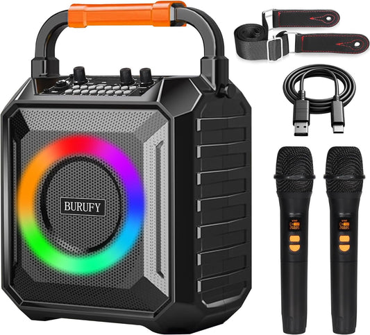Burufy Bluetooth Karaoke Machine for Adults and Kids with 2 Wireless Microphone / PA System,Portable Singing Machine TWS Speaker System for Party Birthday