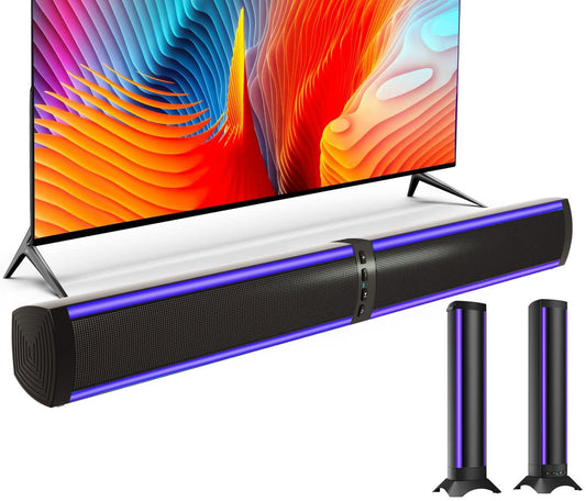 Ficcug 2.1 25in Sound Bars for TV Home Theater with 6 Built-in Subwoofers,3D Stereo Surround Bluetooth Speaker System,20W Foldable Split Wireless Soundbar, Black