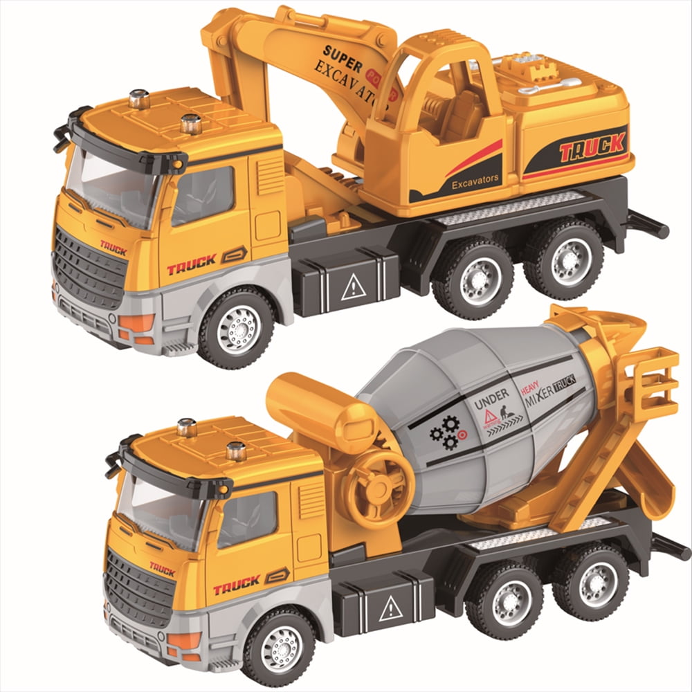 Ficcug 2 Pack Friction Powered Construction Vehicle Toys Trucks,Engineering Excavator Toy Cement Mixer,Pull Back Cars for 3-6 Year Old Boys Girls Toddlers Kids