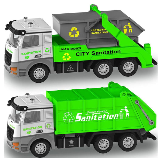 Ficcug 2 Pack Pull Back Garbage Truck Trash Truck & Dump Truck,Friction Powered Toys Cars for Boys Girls Toddlers