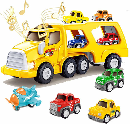 Ficcug 5 in 1 Pull Back Cars for 3-6 Year Old Toddlers,Friction Powered Toy Vehicle in Carrier Truck with Lights Music,Car Toys Set for Aged 1 2 3 4 5 6 7 Kids Boys Girls