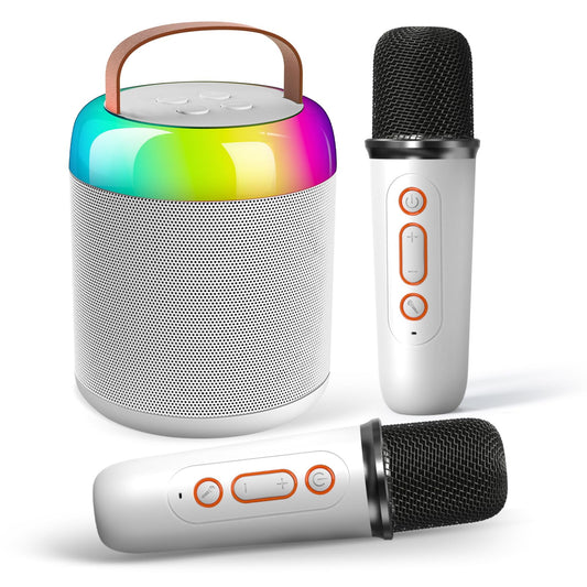 Ficcug Bluetooth Karaoke Machine for Adults and Kids with 2 Wireless Microphone / Colorful Lights,Mini Singing Machine Portable Speaker System for Birthday Christmas Gift,White