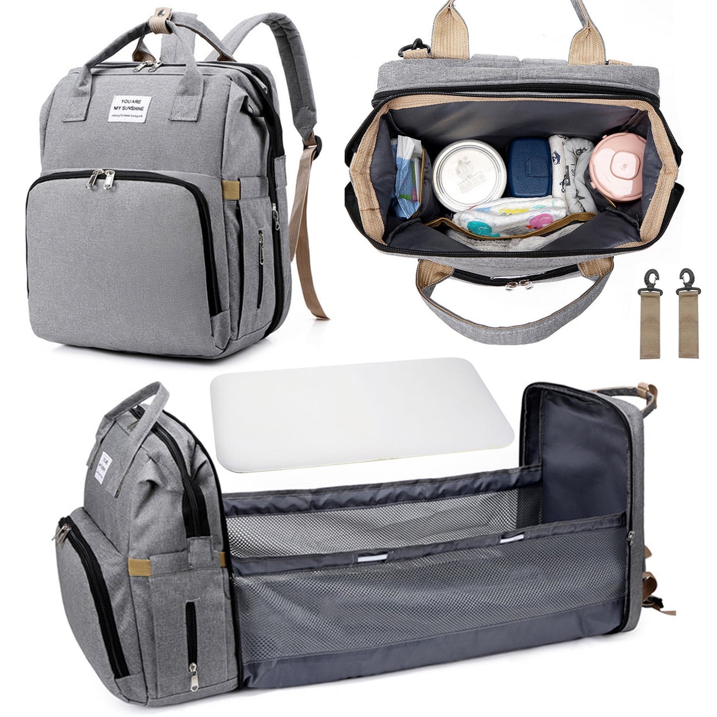 Ficcug Diaper Bag Backpacks,Waterproof Large Baby Nappy Bag with Baby Bed for Boys Girls,Unisex Baby Travel Portable Baby Changing Bag for Mom Dad,Gray