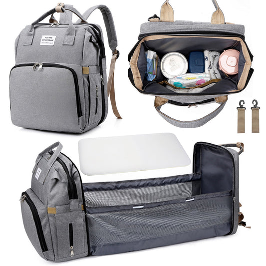 Ficcug Diaper Bag Backpacks,Waterproof Large Baby Nappy Bag with Baby Bed for Boys Girls,Unisex Baby Travel Portable Baby Changing Bag for Mom Dad,Gray