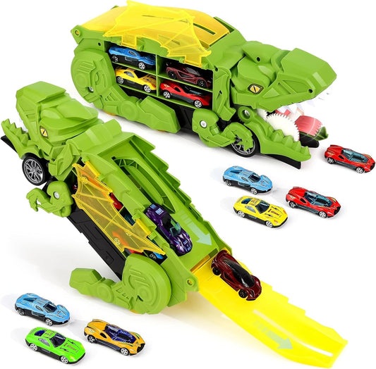 Ficcug Dinosaur Transport Truck Toy with 4 Metal Cars,3-in-1 Dino Hauler with Sliding Race Tracks, Transforms into Triceratops,Gift for Boys Girls Kids Toddlers Ages 3-7