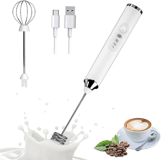 Ficcug Electric Milk Frother Handheld Coffee Frother,Mini Drink Mixer Foam Maker Egg Beater with 2 Whisks for Latte (White)