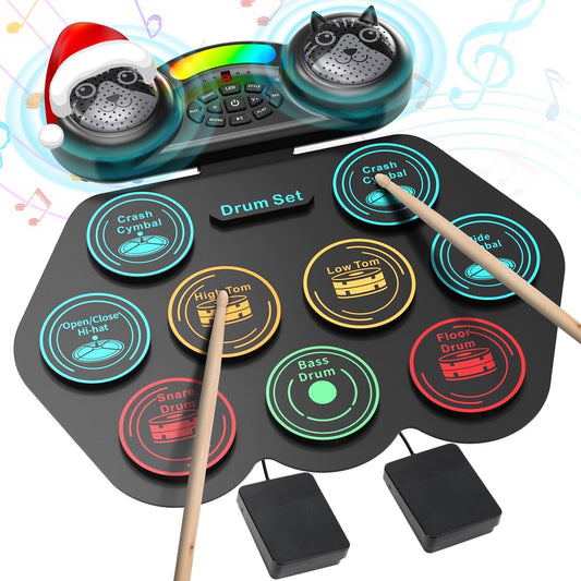 Ficcug Electronic Drum Set for Kids Adults,9 Pads Portable MIDI Roll-up Drum Kit with Dual Speakers / Headset Jack / Drumsticks / Foot Pedals,for Beginners