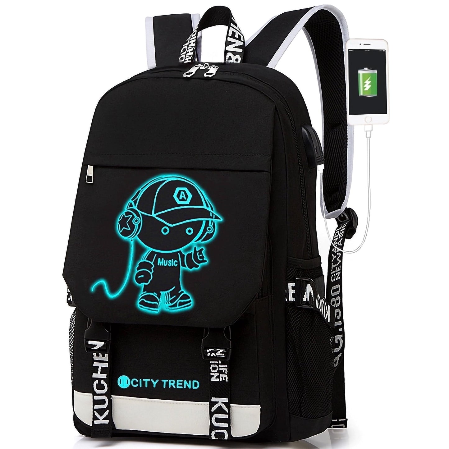 Ficcug Luminous School Bags Backpacks,16" Laptop Backpack,Shoulder Student Travel Bookbags for Boys Girls Women Men Teens,Black