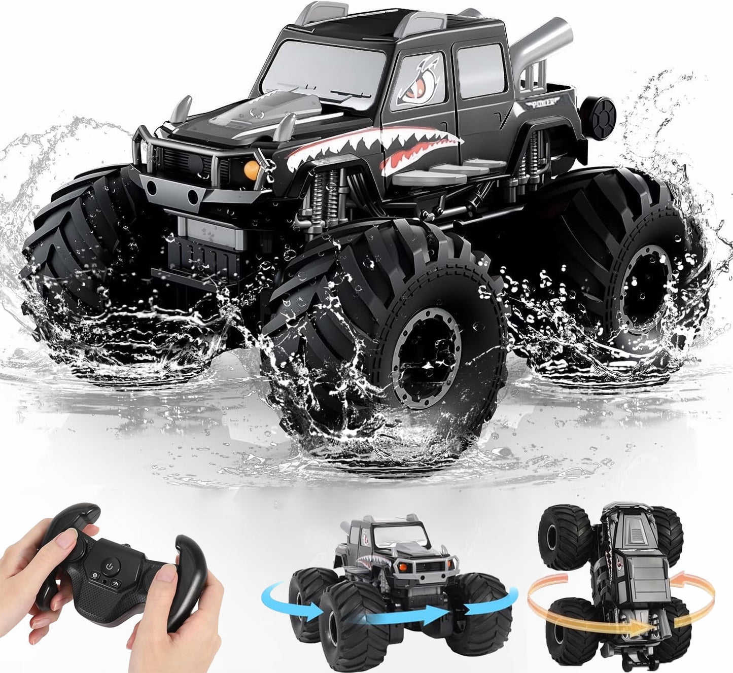 Ficcug Remote Control Cars,2 in 1 Land Water Monster Truck Toy,1:16 4WD off Road RC Cars for All Terrain,Gifts for Kids Boys Girls,Black