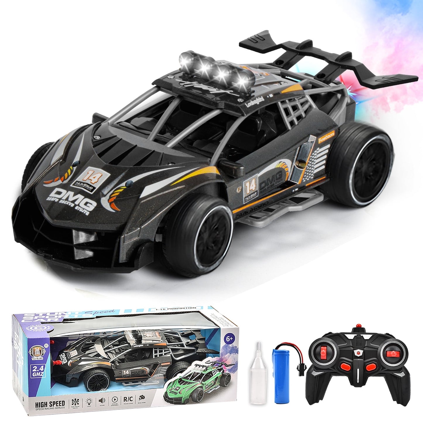 Ficcug Remote Control Cars Toys,1:14 High Speed RC Car with Spray Lights & Music,RC Truck for Boys Girls Kids