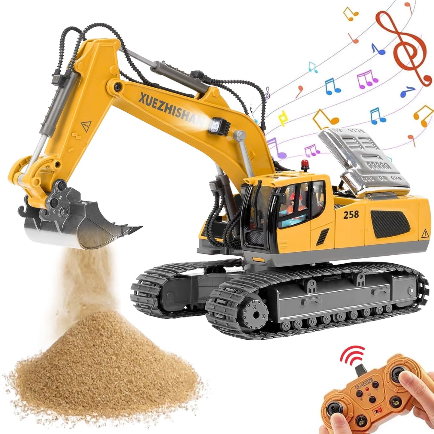 Ficcug Remote Control Excavator 11 Channel Rechargeable RC Truck Construction Tractor Car Toys with Alloy Shovel / Lights / Sounds,Toy Gift for 3-5 4-7 8-12 Boys Girls Kids