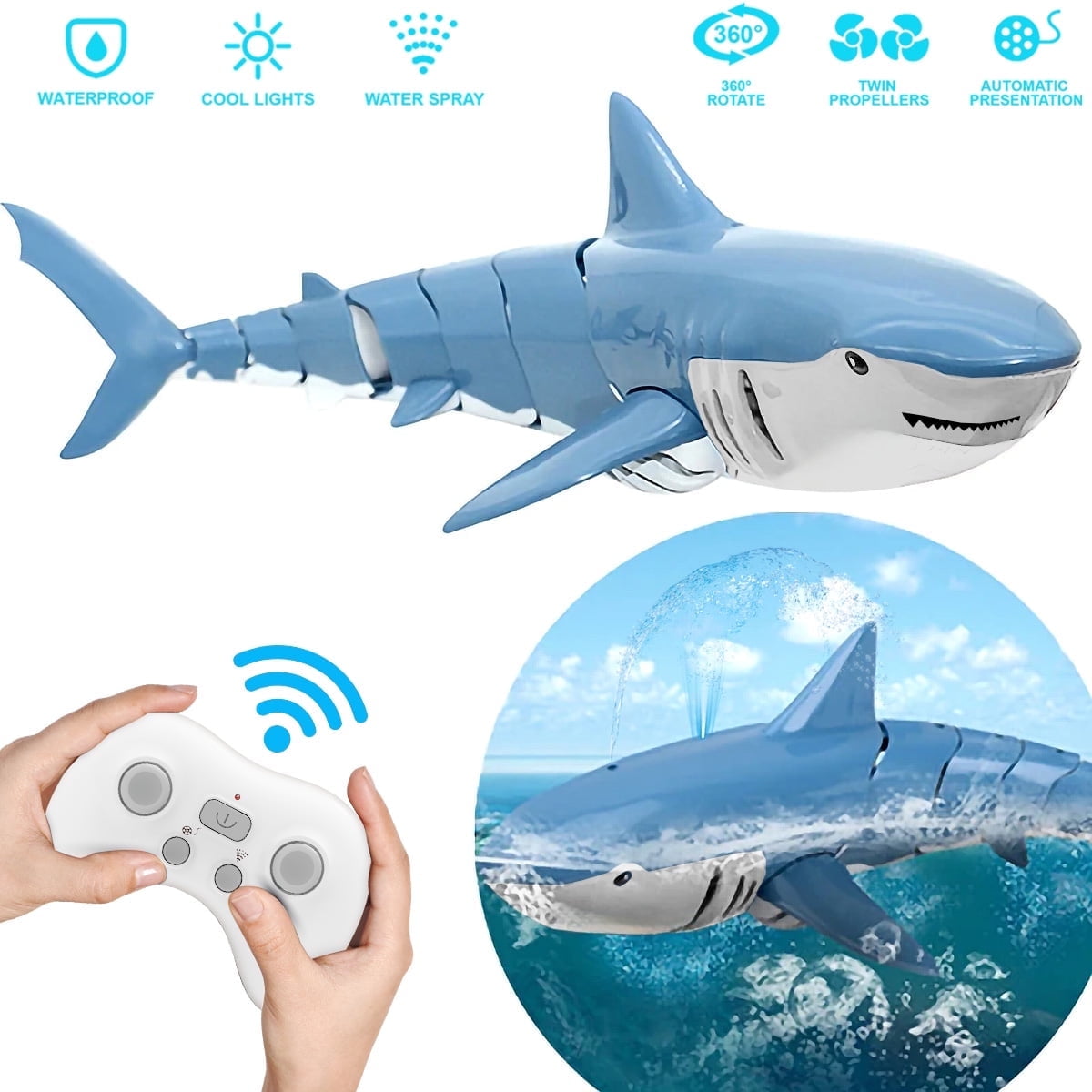 Ficcug Remote Control Shark Toy with Light / Spray, 2.4Ghz RC Boat Water Toys for Swimming Pool Bathroom, Gift for Ages 6+ Boys Girls Kids,Blue