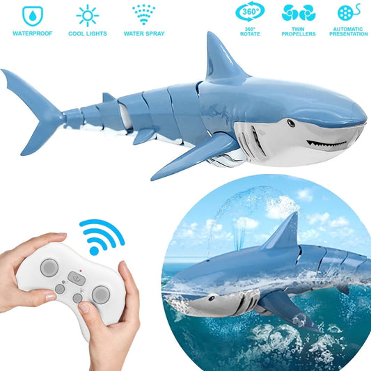 Ficcug Remote Control Shark Toy with Light / Spray, 2.4Ghz RC Boat Water Toys for Swimming Pool Bathroom, Gift for Ages 6+ Boys Girls Kids,Blue