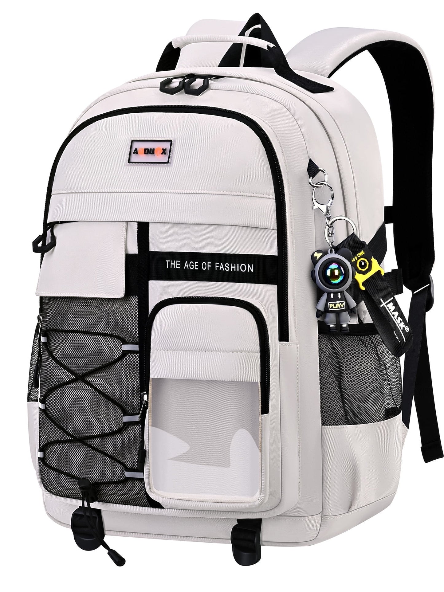 Ficcug School Backpack for 15.6" Laptop,Fashion Waterproof School Bag for Boys Girls Women Men Teens,Middle / High / College Bookbags,off-White
