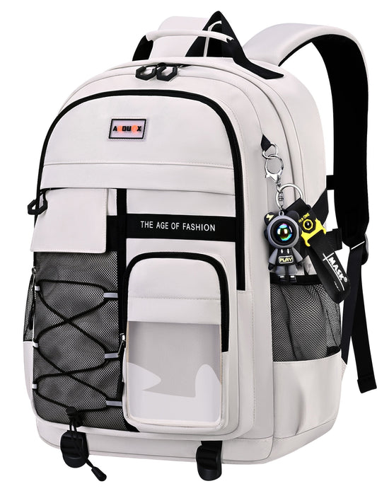 Ficcug School Backpack for 15.6" Laptop,Fashion Waterproof School Bag for Boys Girls Women Men Teens,Middle / High / College Bookbags,off-White