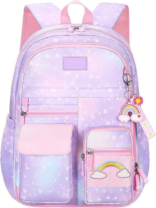 Ficcug School Bag Backpacks for Girls,Shoulder Children School Bookbags for Kids,Primary School Season Gift,Purple