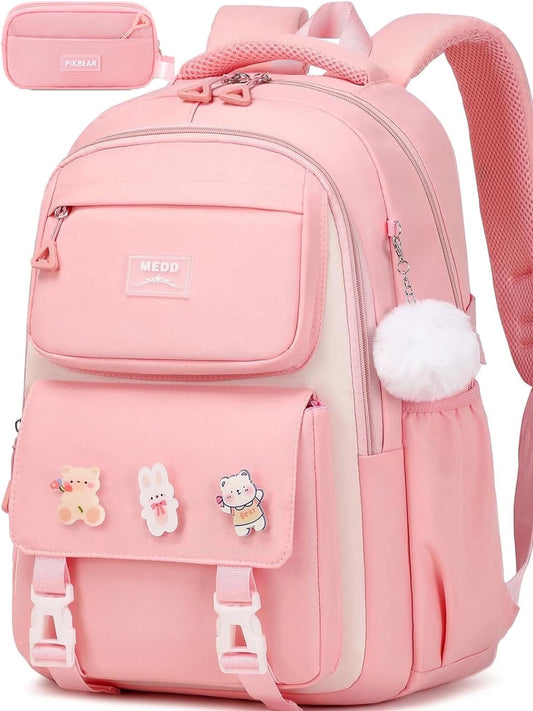 Ficcug School bags for Girls,15.6" Laptop Backpacks Lightweight Travel Bookbags for Kids Teens Women,Pink