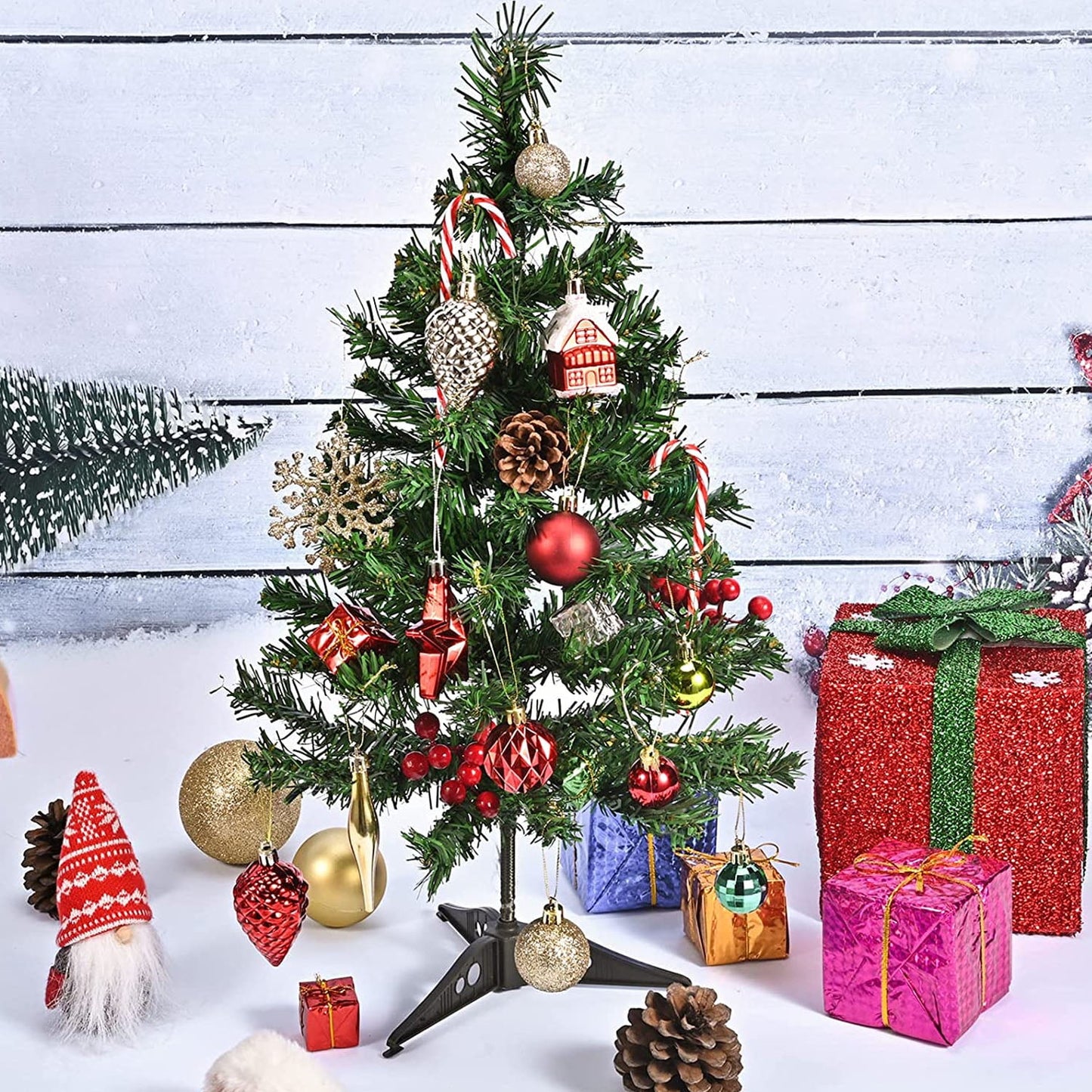 Ficcug Small Christmas Trees with LED Lights,24" Artificial Mini Tabletop Christmas Tree Pine Tree for Indoor Outdoor Xmas Holiday Decoration,Green