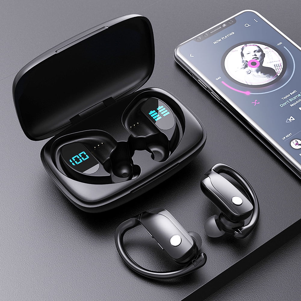 Ficcug Wireless Earbuds TWS Bluetooth 5.0 Headphones 48H Play Back Earphones in Ear Waterproof with Microphone LED Display for Sports Running Workout Black
