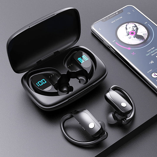 Ficcug Wireless Earbuds TWS Bluetooth 5.0 Headphones 48H Play Back Earphones in Ear Waterproof with Microphone LED Display for Sports Running Workout Black