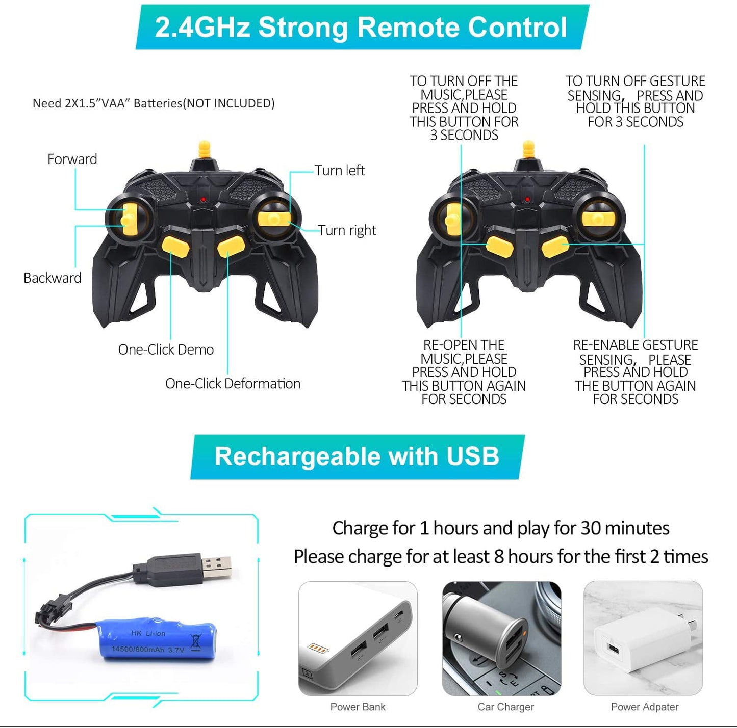 Ficcug Remote Control Transforming Car Robot Toys,2.4GHz 1/14 Scale Transform RC Cars Toys with LED Lights / Sounds / Gesture Sensing for Kids Boys Girls Birthday Christmas Gifts