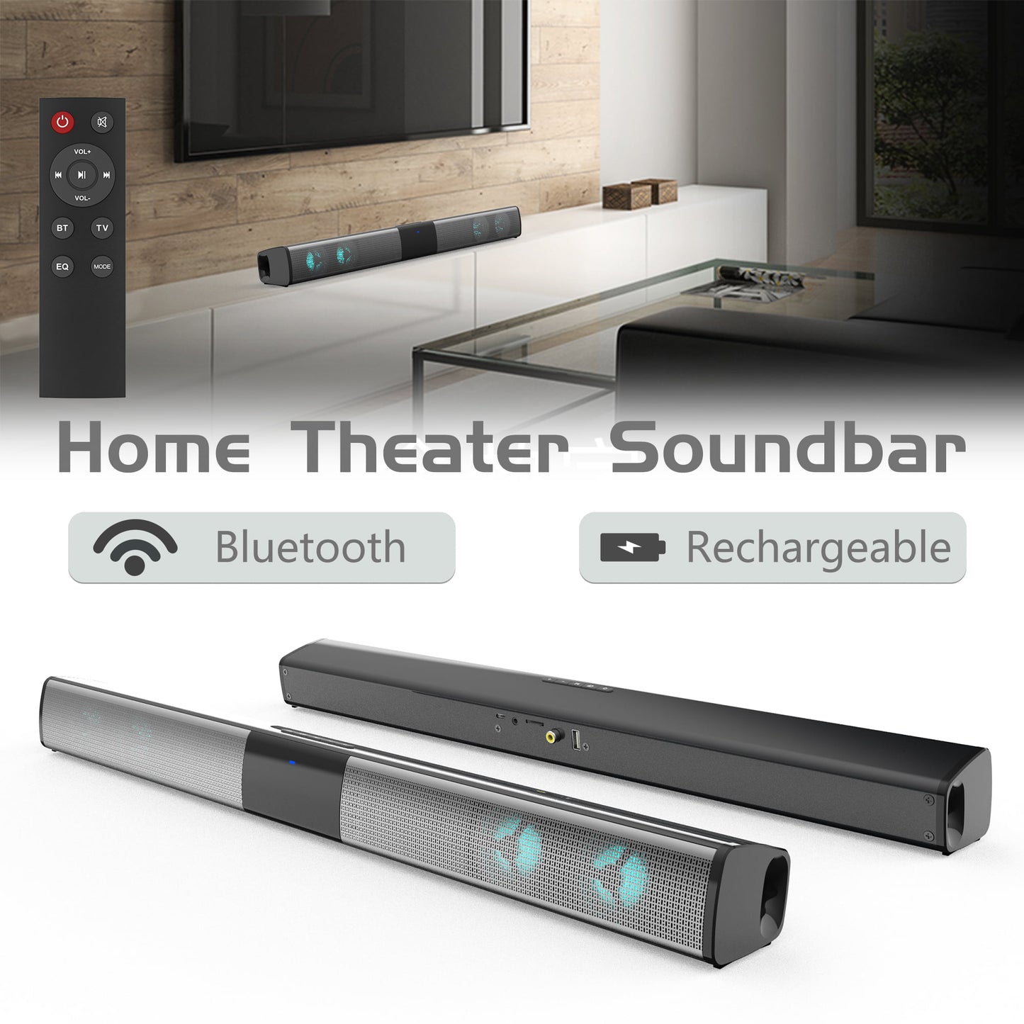 Ficcug 2.0 22" TV Sound bar with RGB Light / Subwoofers, 3D Stereo Surround Wireless Bluetooth Soundbar Speaker