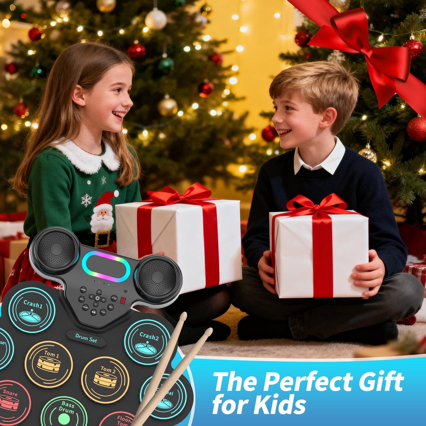 Ficcug Electronic Drum Set for Kids Adults,9 Pads Portable MIDI Roll-up Drum Kit with Dual Speakers / Headset Jack / Drumsticks / Foot Pedals,for Beginners