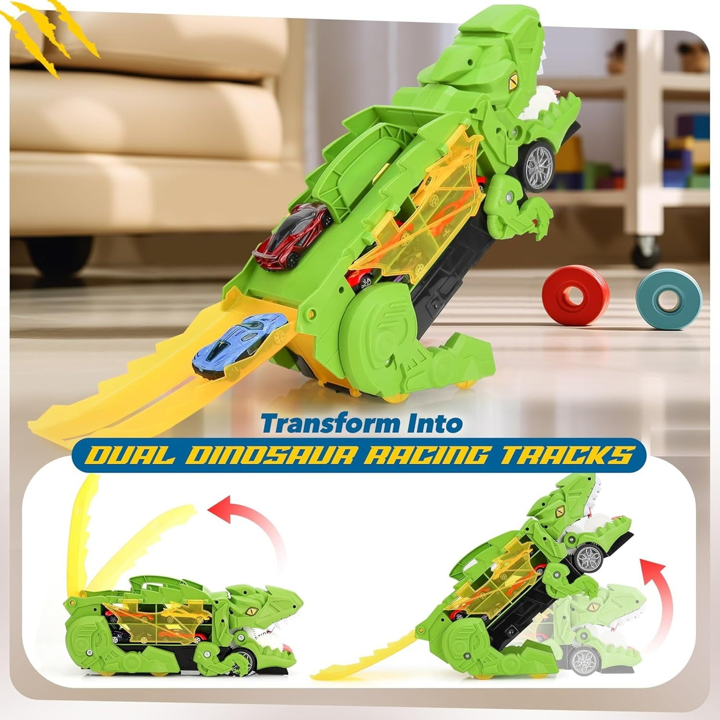 Ficcug Dinosaur Transport Truck Toy with 4 Metal Cars,3-in-1 Dino Hauler with Sliding Race Tracks, Transforms into Triceratops,Gift for Boys Girls Kids Toddlers Ages 3-7
