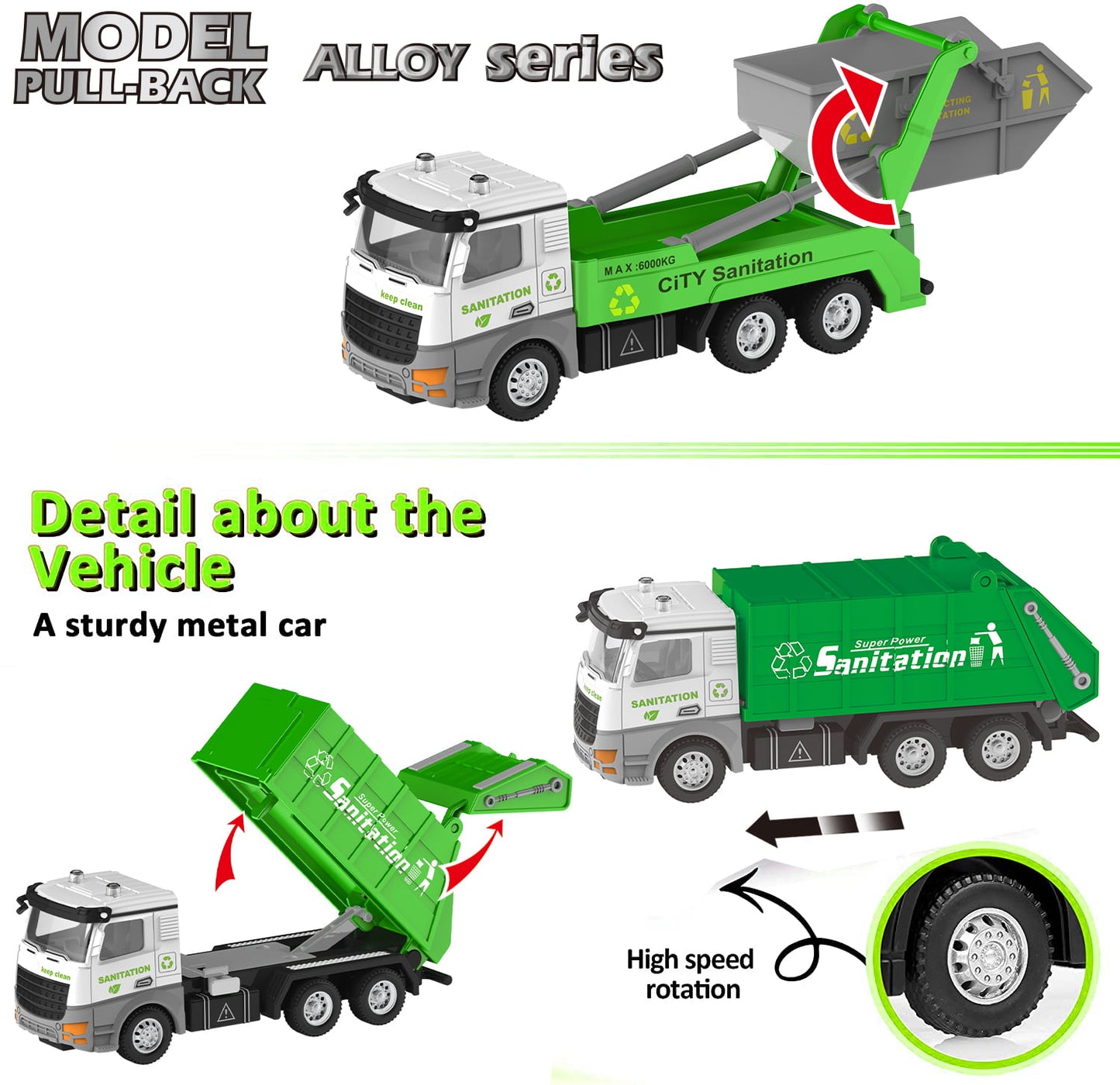 Ficcug 2 Pack Pull Back Garbage Truck Trash Truck & Dump Truck,Friction Powered Toys Cars for Boys Girls Toddlers