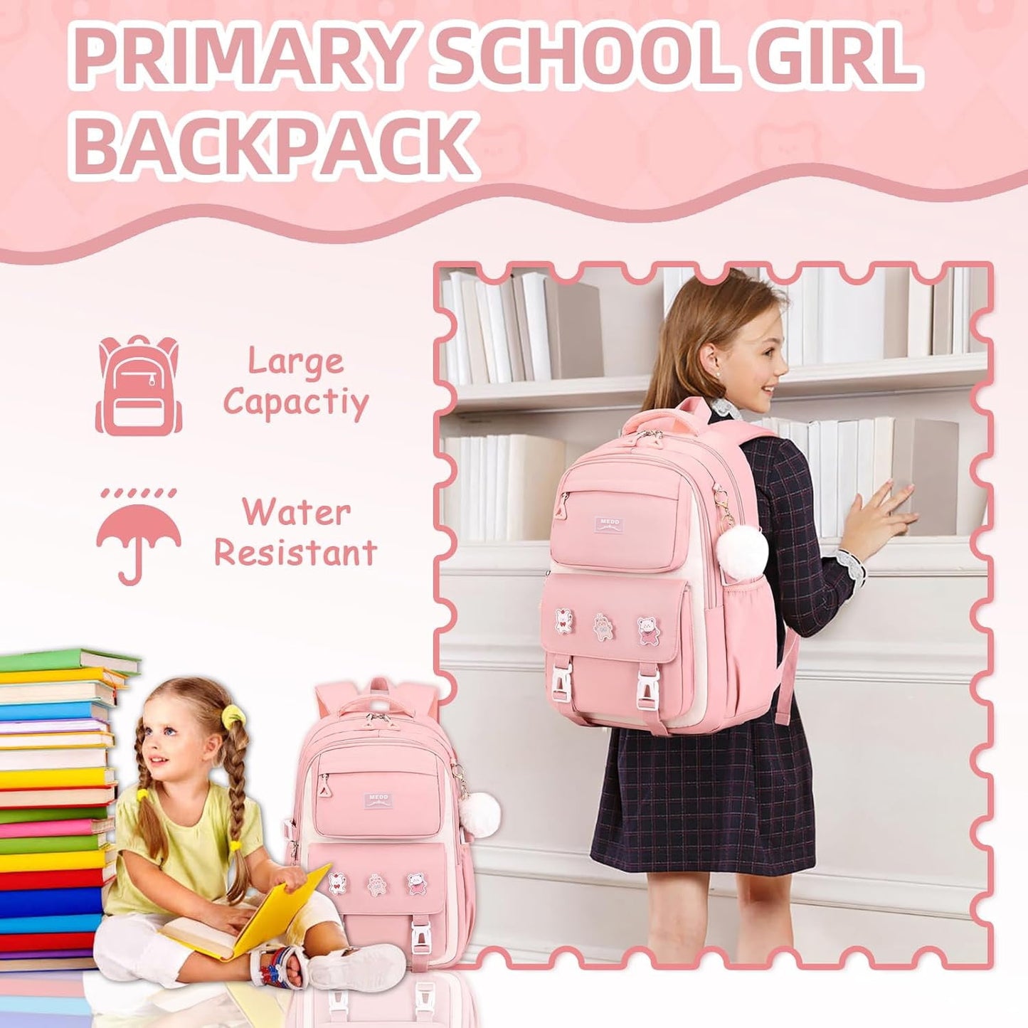 Ficcug School bags for Girls,15.6" Laptop Backpacks Lightweight Travel Bookbags for Kids Teens Women,Pink