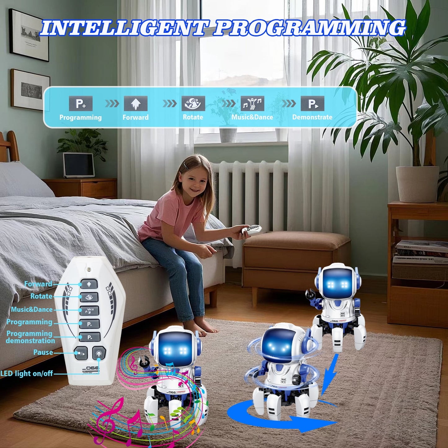 Ficcug Remote Control Robot Toys for Boys,360° Rotation Intelligent Programmable Educational Toys for Girls Kids Toddlers Ages 3-8,Blue