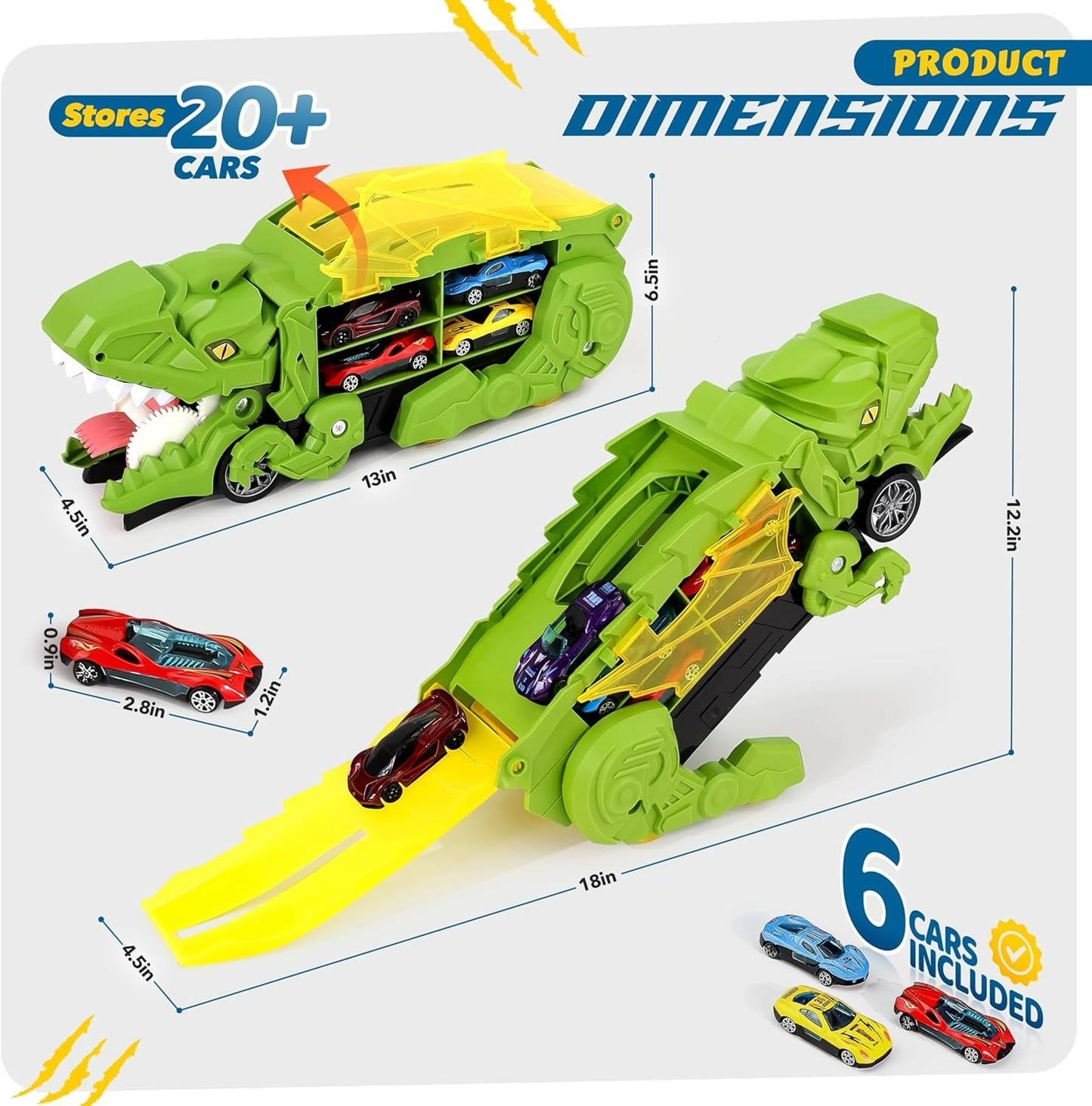 Ficcug Dinosaur Transport Truck Toy with 4 Metal Cars,3-in-1 Dino Hauler with Sliding Race Tracks, Transforms into Triceratops,Gift for Boys Girls Kids Toddlers Ages 3-7