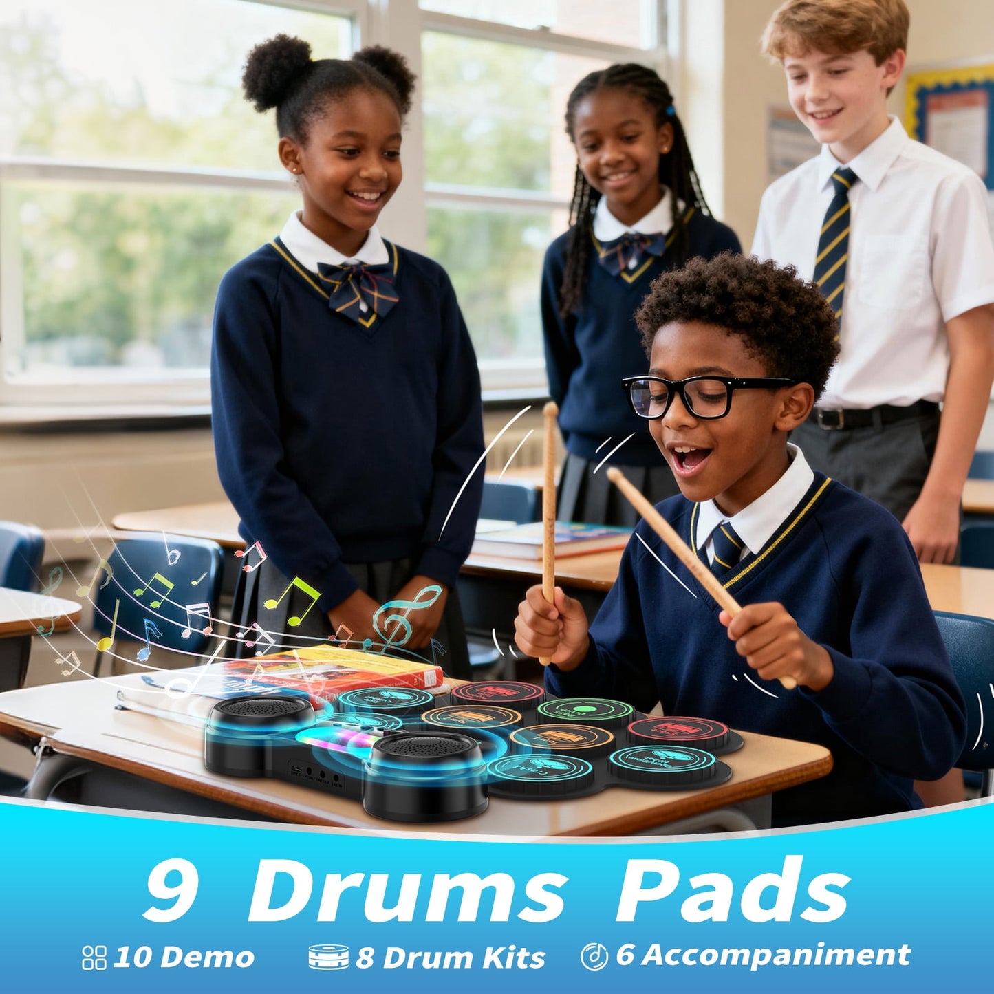 Ficcug Electronic Drum Set for Kids Adults,9 Pads Portable MIDI Roll-up Drum Kit with Dual Speakers / Headset Jack / Drumsticks / Foot Pedals,for Beginners