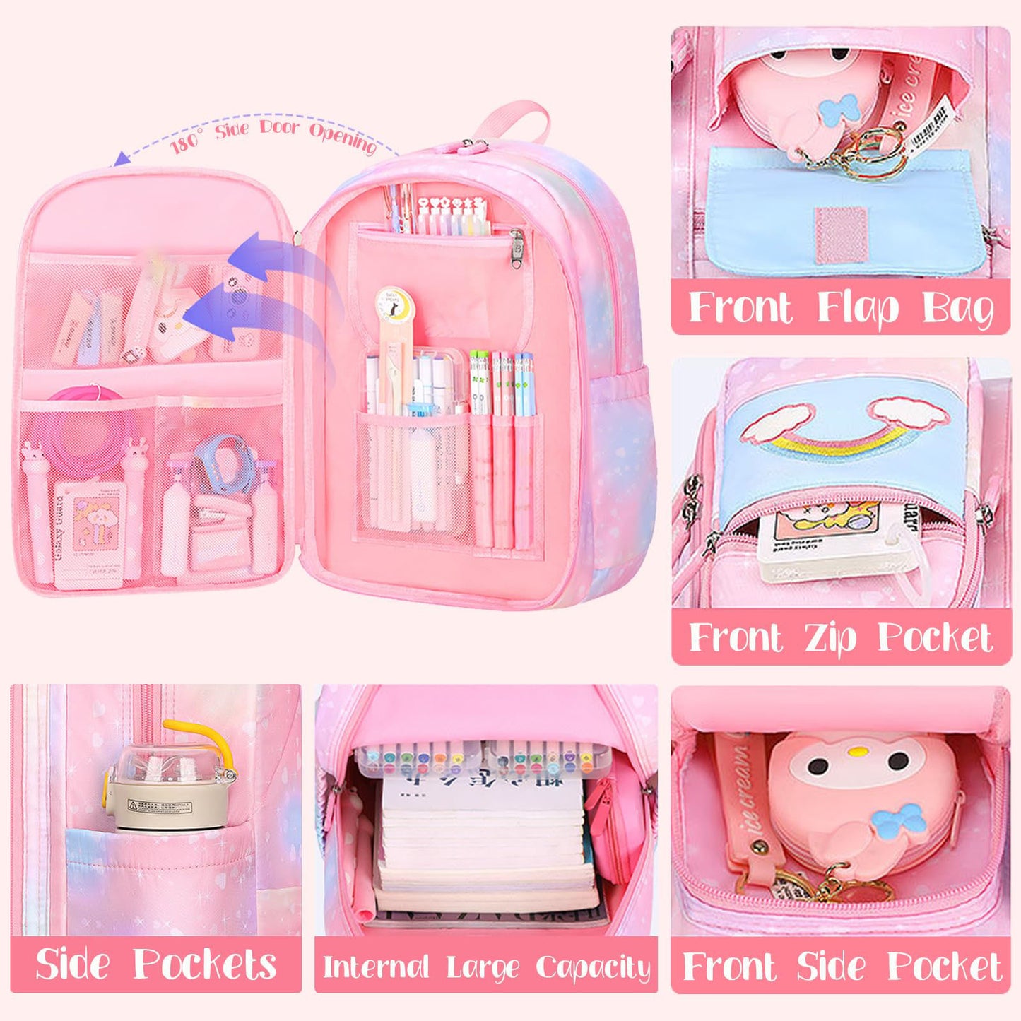 Ficcug School Bag Backpacks for Girls,Shoulder Children School Bookbags for Kids,Primary School Season Gift,Pink