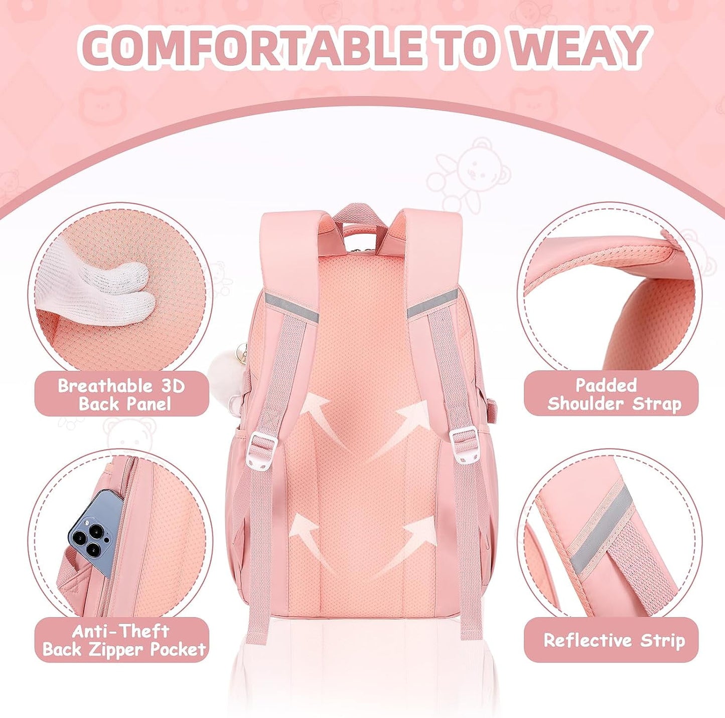 Ficcug School bags for Girls,15.6" Laptop Backpacks Lightweight Travel Bookbags for Kids Teens Women,Pink
