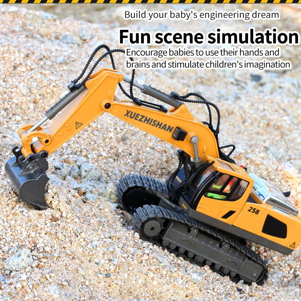 Ficcug Remote Control Excavator 11 Channel Rechargeable RC Truck Construction Tractor Car Toys with Alloy Shovel / Lights / Sounds,Toy Gift for 3-5 4-7 8-12 Boys Girls Kids