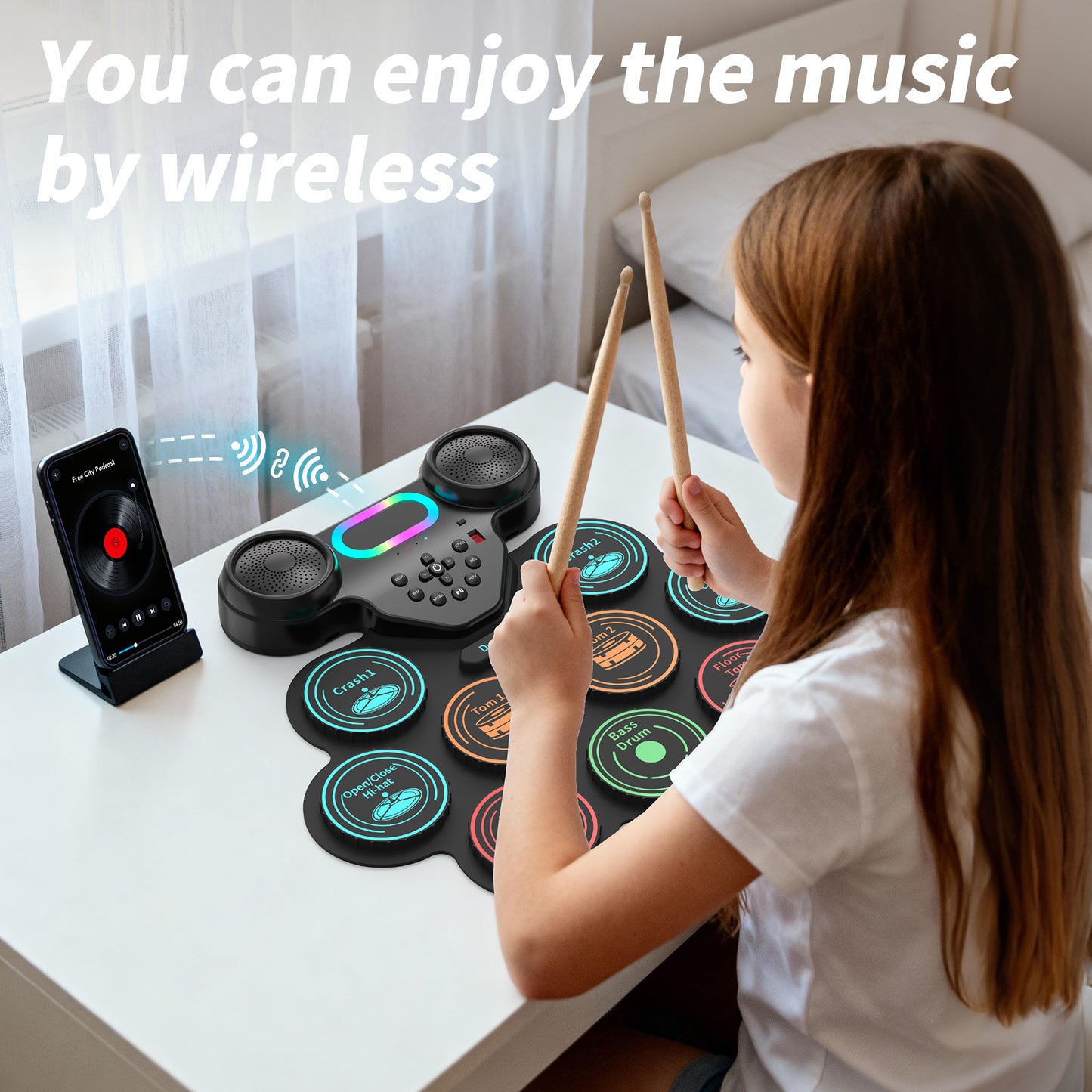 Ficcug Electronic Drum Set for Kids Adults,9 Pads Portable MIDI Roll-up Drum Kit with Dual Speakers / Headset Jack / Drumsticks / Foot Pedals,for Beginners