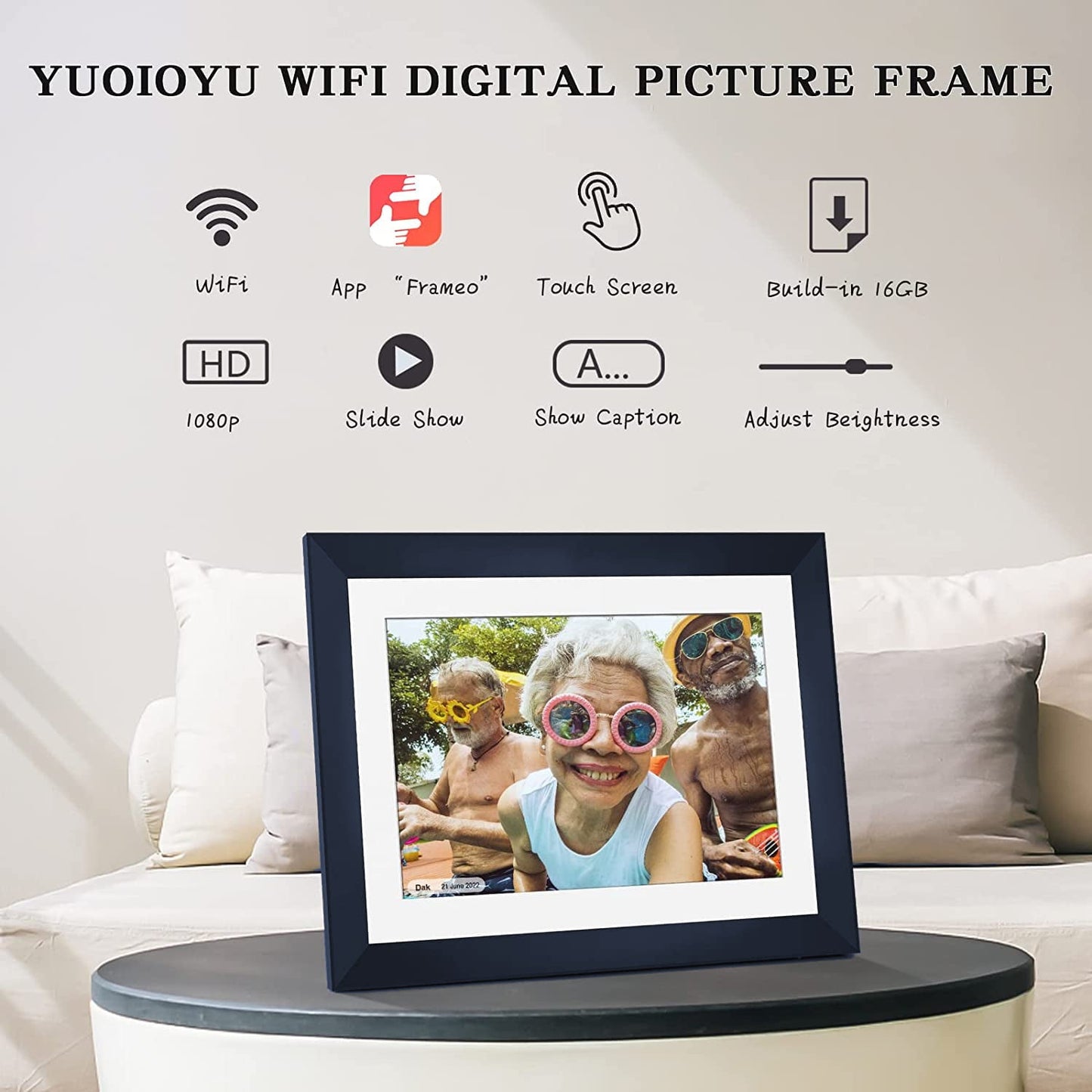 Ficcug 10.1 inch Full HD Digital Photo Picture Frame,Large Memory Wifi Smart Photo Frame,IPS Touch Screen,Share Photos Videos Instantly via Frameo App,Perfect for Gift-Blue