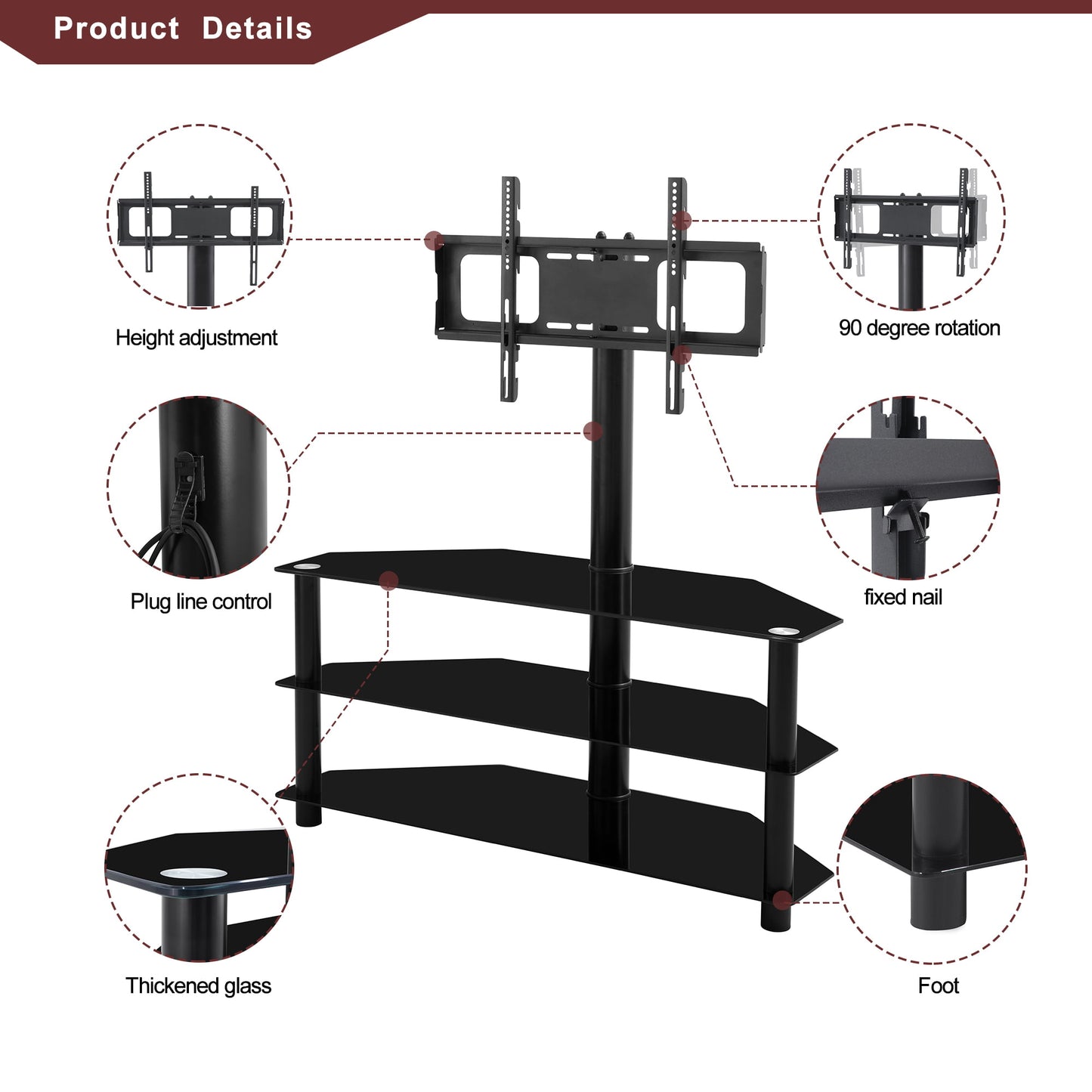 Ficcug Modern Floor TV Stand with Mount Height Angle Adjustable for TVs up to 65",Black Metal Swivel TV Shelf 3 Tier for Multiple Media Device