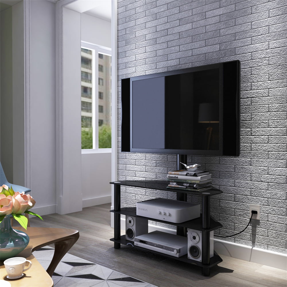 Ficcug Modern Floor TV Stand with Mount Height Angle Adjustable for TVs up to 65",Black Metal Swivel TV Shelf 3 Tier for Multiple Media Device