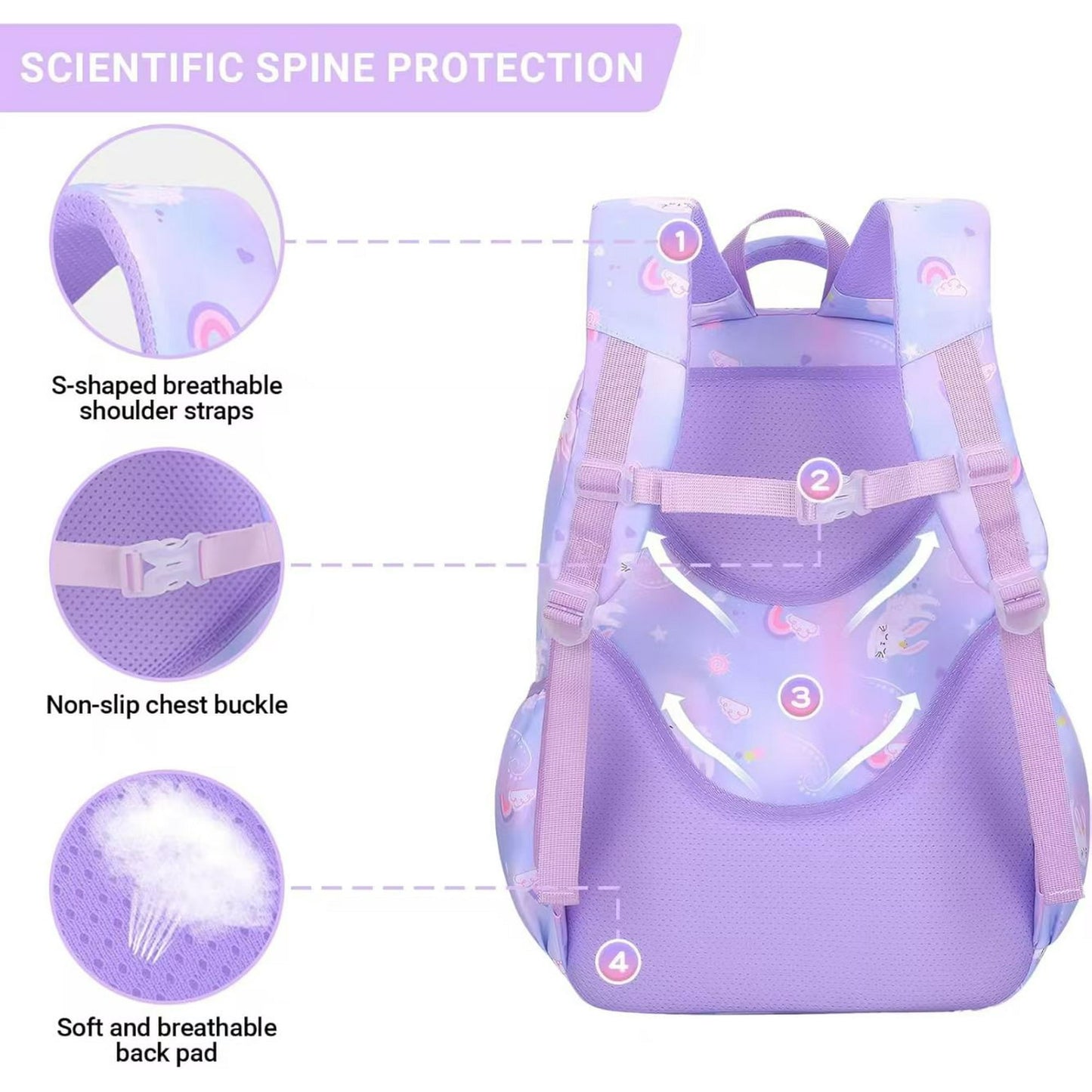 Ficcug School Backpack Girls School Bag,25L Wear-Resistant Lightweight Kids Backpacks Fashion Waterproof Bookbag,Purple