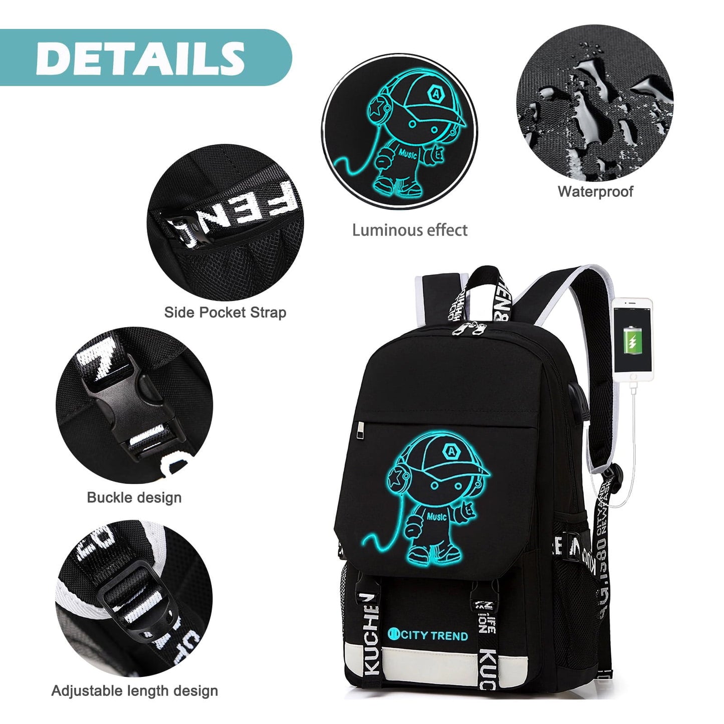 Ficcug Luminous School Bags Backpacks,16" Laptop Backpack,Shoulder Student Travel Bookbags for Boys Girls Women Men Teens,Black