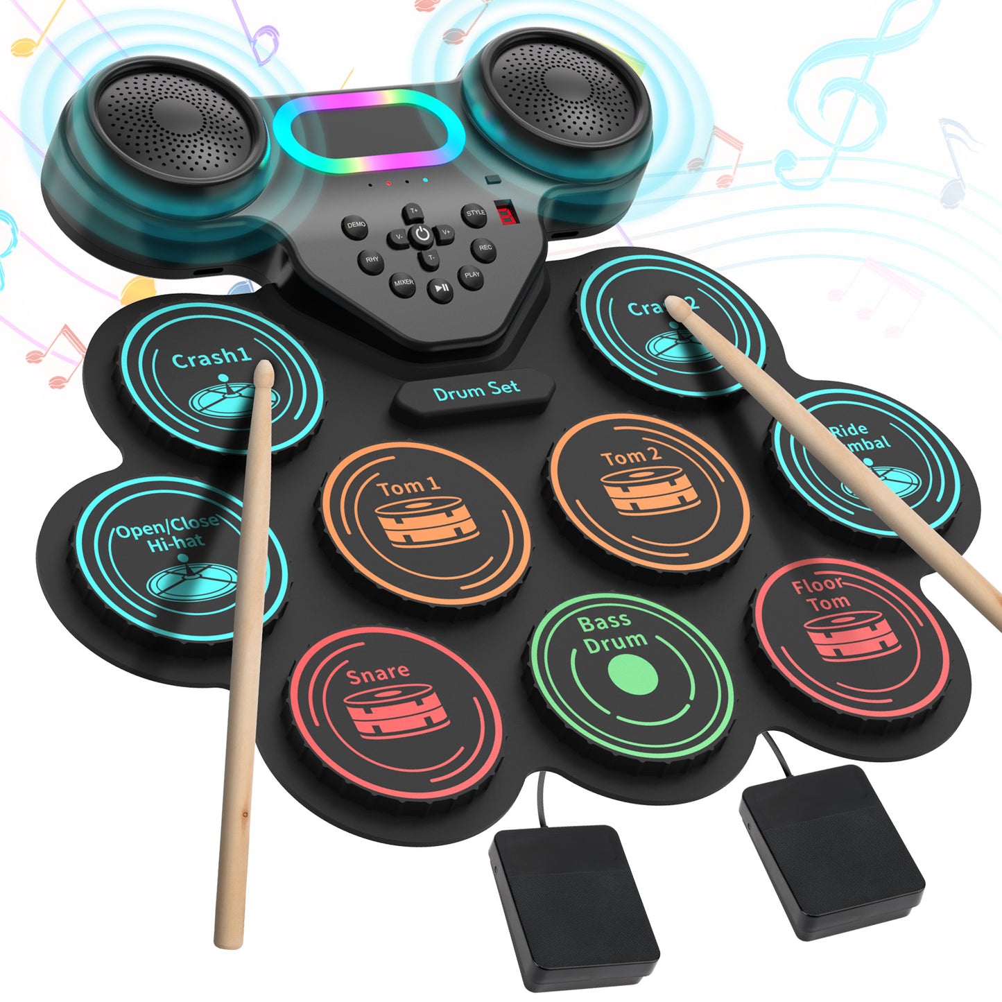 Ficcug Electronic Drum Set for Kids Adults,9 Pads Portable MIDI Roll-up Drum Kit with Dual Speakers / Headset Jack / Drumsticks / Foot Pedals,for Beginners
