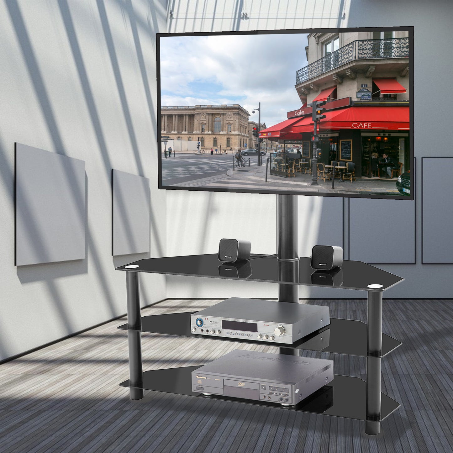 Ficcug Modern Floor TV Stand with Mount Height Angle Adjustable for TVs up to 65",Black Metal Swivel TV Shelf 3 Tier for Multiple Media Device
