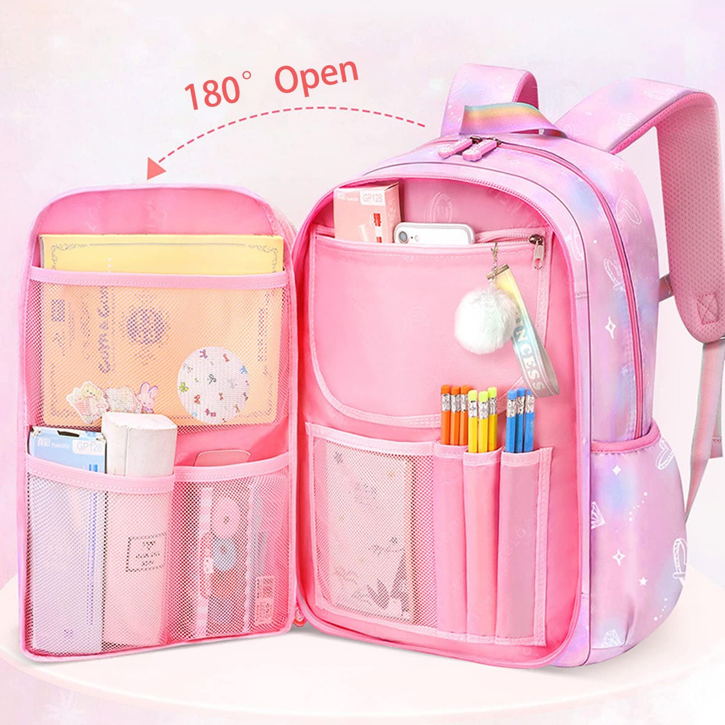 Ficcug Girls Backpack Elementary School Backpacks Cute Preschool Middle School Bag Kids Bookbag,Pink
