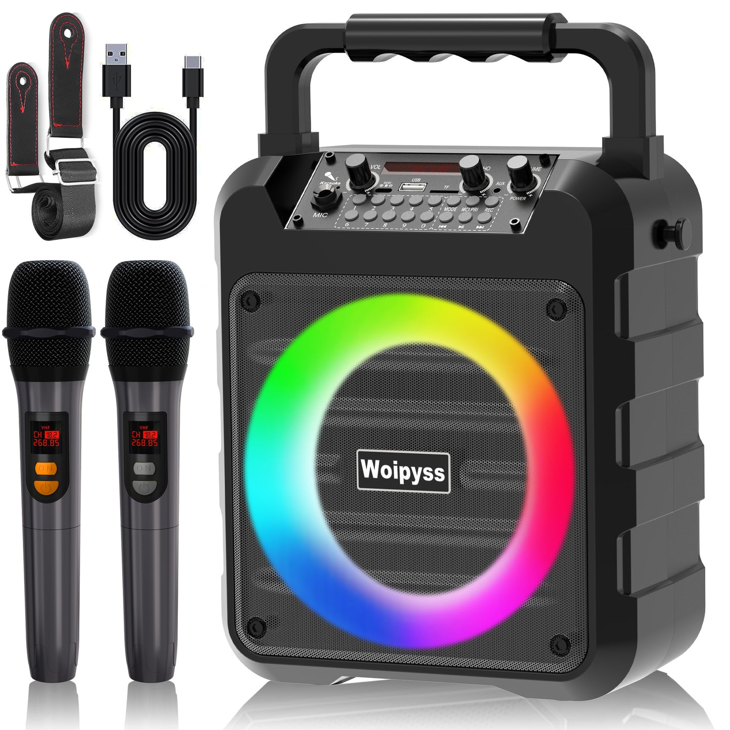 WOIPYSS Karaoke Machine,Home Karaoke System with 2 Wireless Mic,Portable Bluetooth PA Speaker,Singing Machine for Adults / Kids Party