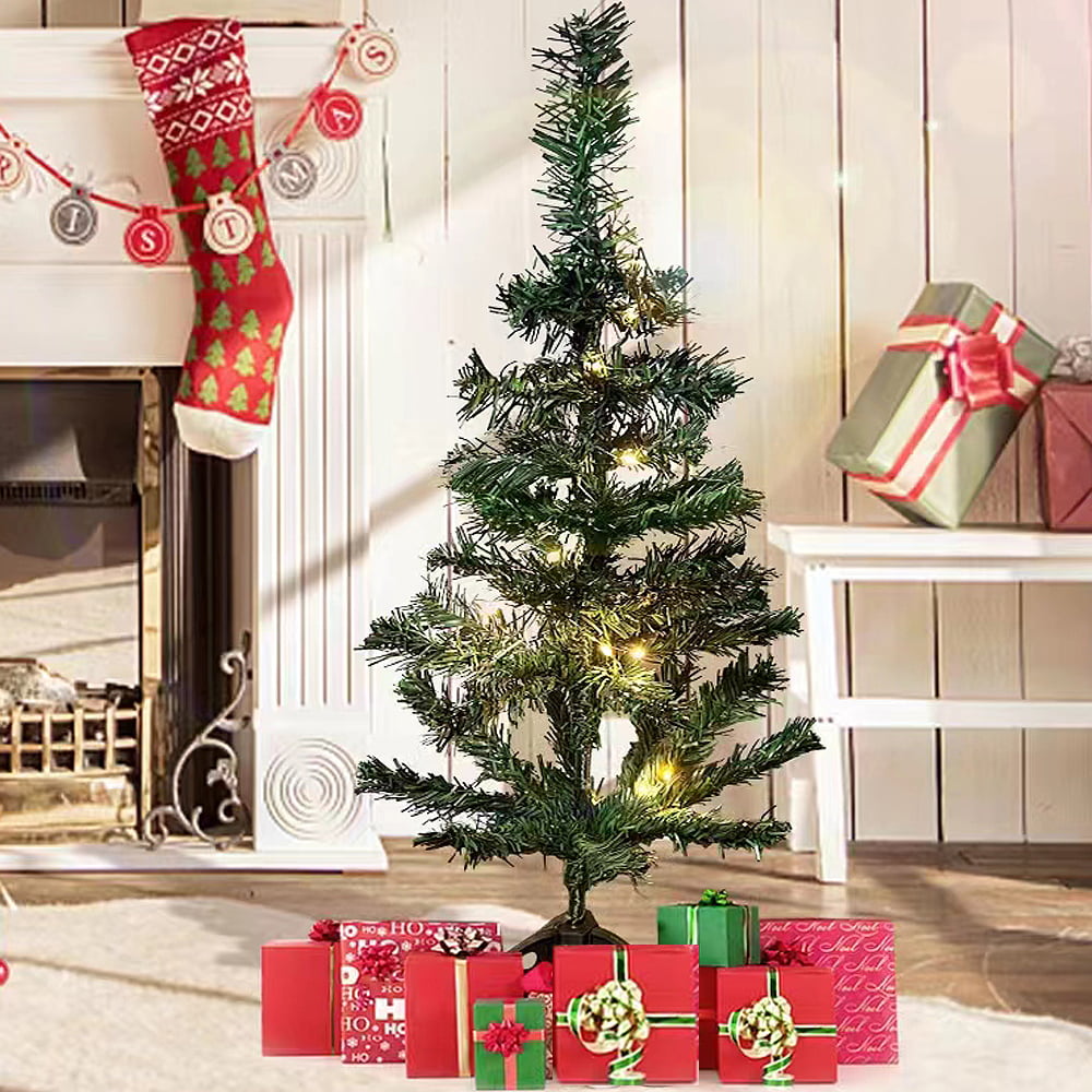 Ficcug Small Christmas Trees with LED Lights,24" Artificial Mini Tabletop Christmas Tree Pine Tree for Indoor Outdoor Xmas Holiday Decoration,Green