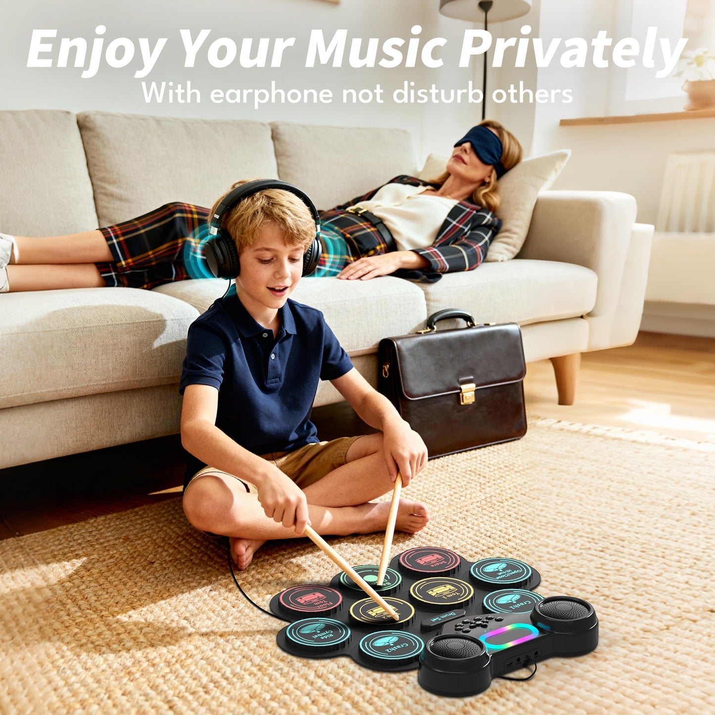Ficcug Electronic Drum Set for Kids Adults,9 Pads Portable MIDI Roll-up Drum Kit with Dual Speakers / Headset Jack / Drumsticks / Foot Pedals,for Beginners