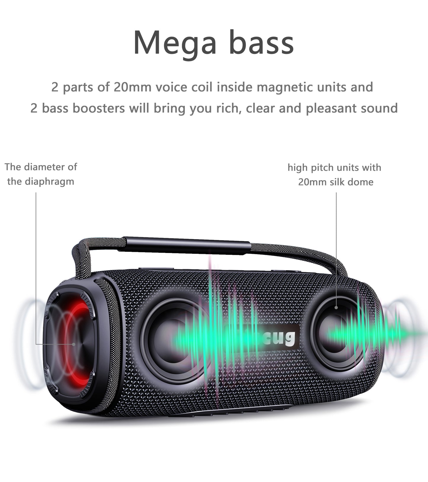 Ficcug Waterproof Portable Wireless Bluetooth Speaker,20W Small Speaker with TWS Pairing | Deep Bass | LED Lights,Outdoor Party Speaker,Black